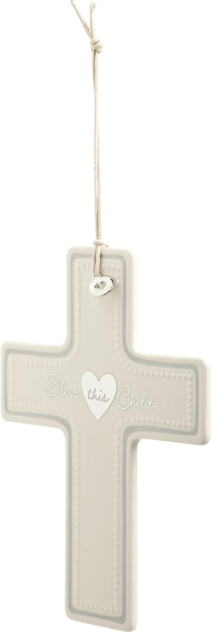 DEMDACO Bless This Child White and Silver Tone 7.5 x 5.5 Inch Ceramic Hanging Wall Cross