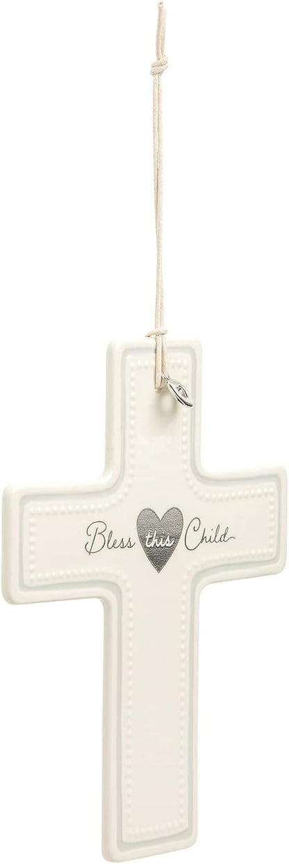 DEMDACO Bless This Child White and Silver Tone 7.5 x 5.5 Inch Ceramic Hanging Wall Cross