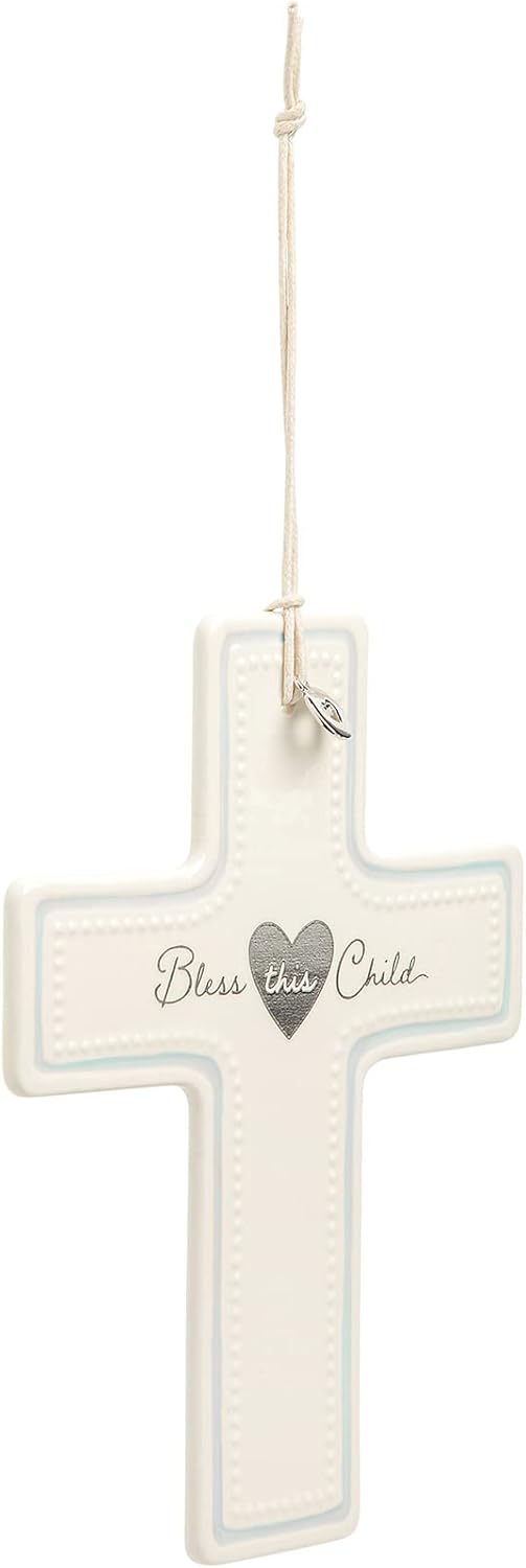 DEMDACO Bless This Child Blue 7.5 x 5.5 Inch Ceramic Stoneware Hanging Wall Cross