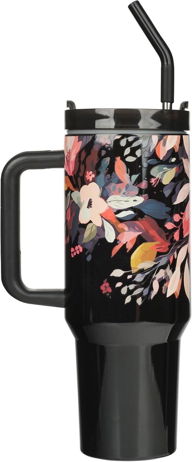 Christian Art Gifts Extra Large Travel Tumbler for Women Stainless Steel Vacuum Insulated Inspirational Scripture: Hope & Future, Retractable Lid, Straw, Handle, Black Floral, 40 oz