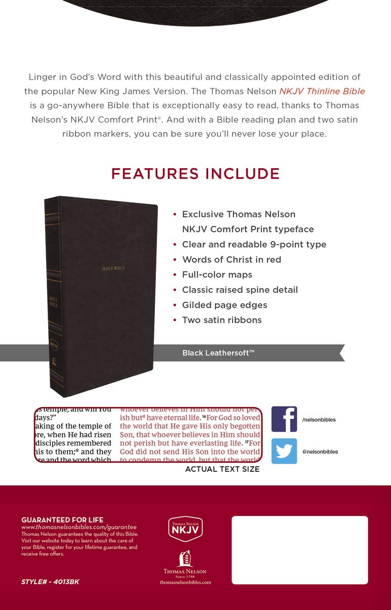 NKJV, Thinline Bible, Leathersoft, Black, Red Letter, Comfort Print: Holy Bible