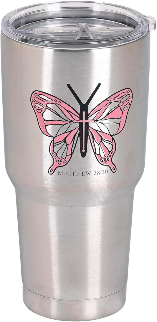 Butterfly - Matthew 28:20, Silver/Pink 30 Ounce Stainless Steel Insulated Travel Tumbler