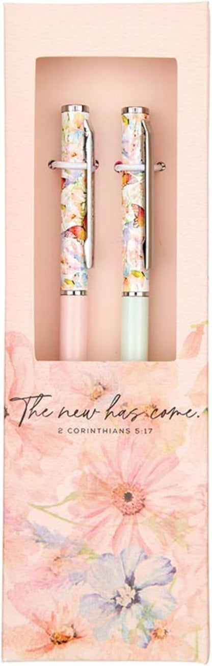 Faithworks Inspirational Pen - Refillable Ballpoint Pens, Gift Boxed, Floral with Scripture, Set of 2, Made New