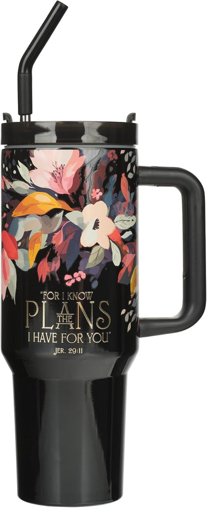 Christian Art Gifts Extra Large Travel Tumbler for Women Stainless Steel Vacuum Insulated Inspirational Scripture: Hope & Future, Retractable Lid, Straw, Handle, Black Floral, 40 oz