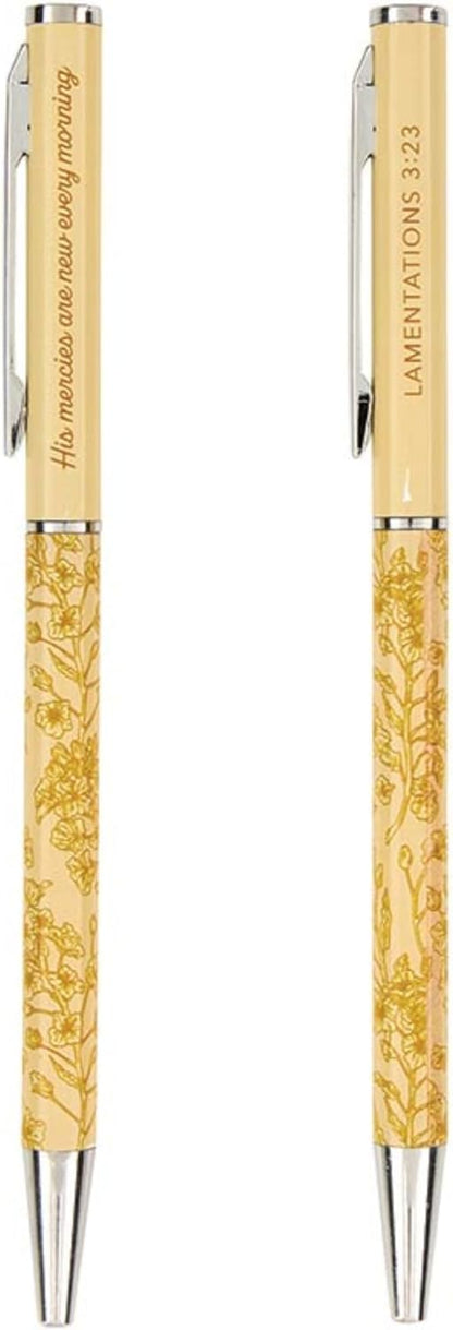 Faithworks Inspirational Pen - Refillable Ballpoint Pens, Gift Boxed, Floral with Scripture, Set of 2, His Mercies