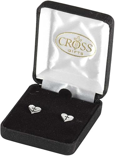 Heart Shape with Cutout Flare Cross Design Silver-Plated Stud Post Earrings