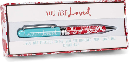 Lighthouse Christian Products You Are Loved Aqua Crimson Floral 5.5 Inch Metal Ballpoint Pen