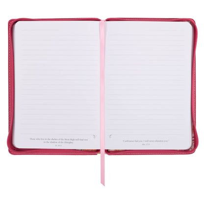 Classic Faux Leather Journal Lord Delights in You Isaiah 62:4 Pink Floral Inspirational Notebook, Lined Pages w/Scripture, Ribbon Marker, Zipper Closure