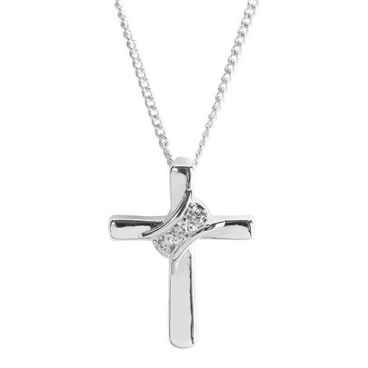 Cross with Sash Silver Plated 18 inch Cubic Zirconia Pendant Necklace