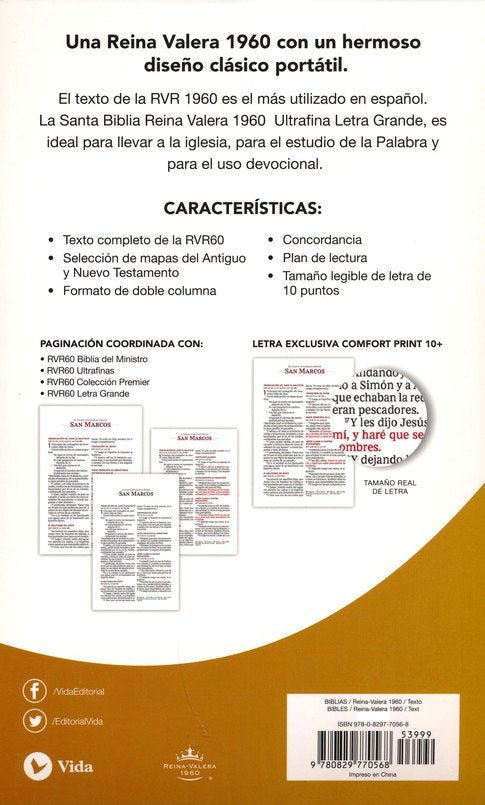 Reina Valera 1960 Santa Biblia Ultrafina Letra Grande, Piel Fabricada, Negro, con Cierre, Interior a dos colores (Spanish Edition)
