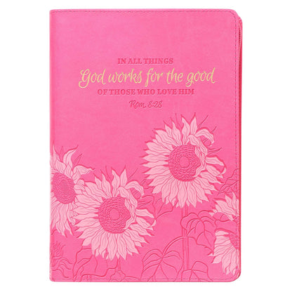 Journal In All Things Romans 8:28 Pink Sunflower