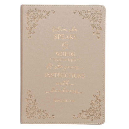 When She Speaks Proverbs 31 Woman Bible Verse Ivory Faux Leather Journal Inspirational Notebook w/Ribbon Marker