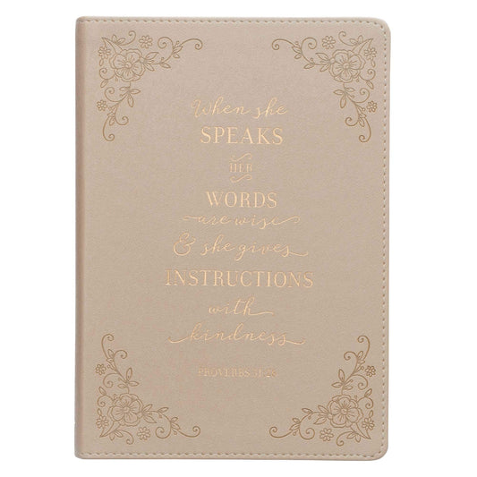 When She Speaks Proverbs 31 Woman Bible Verse Ivory Faux Leather Journal Inspirational Notebook w/Ribbon Marker