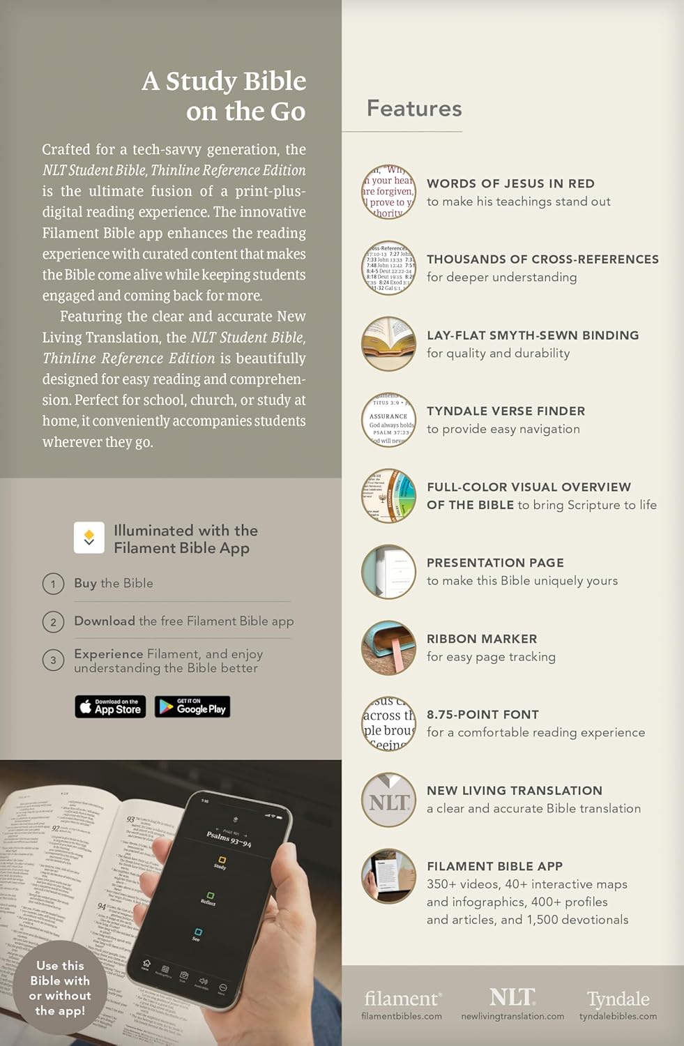 NLT Student Bible, Thinline Reference, Filament Enabled (LeatherLike, Overflow Black, Red Letter)