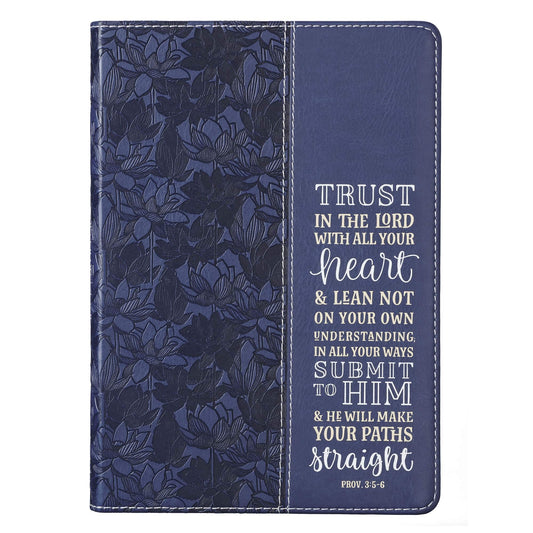 Navy Faux Leather Journal | Trust in the Lord Proverbs 3:5 Bible Verse | Flexcover Inspirational Notebook w/Ribbon and Lined Pages