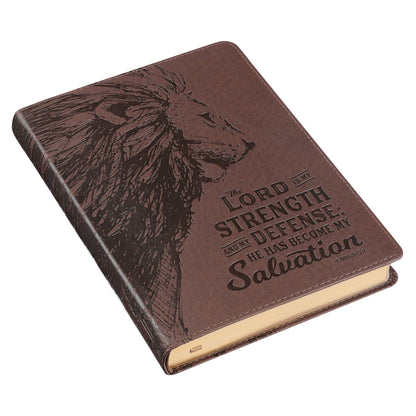 Classic Journal My Strength My Defense Lion Exodus 15:2 Inspirational Scripture Notebook, Ribbon Marker, Brown Faux Leather Flexcover, 336 Ruled Pages