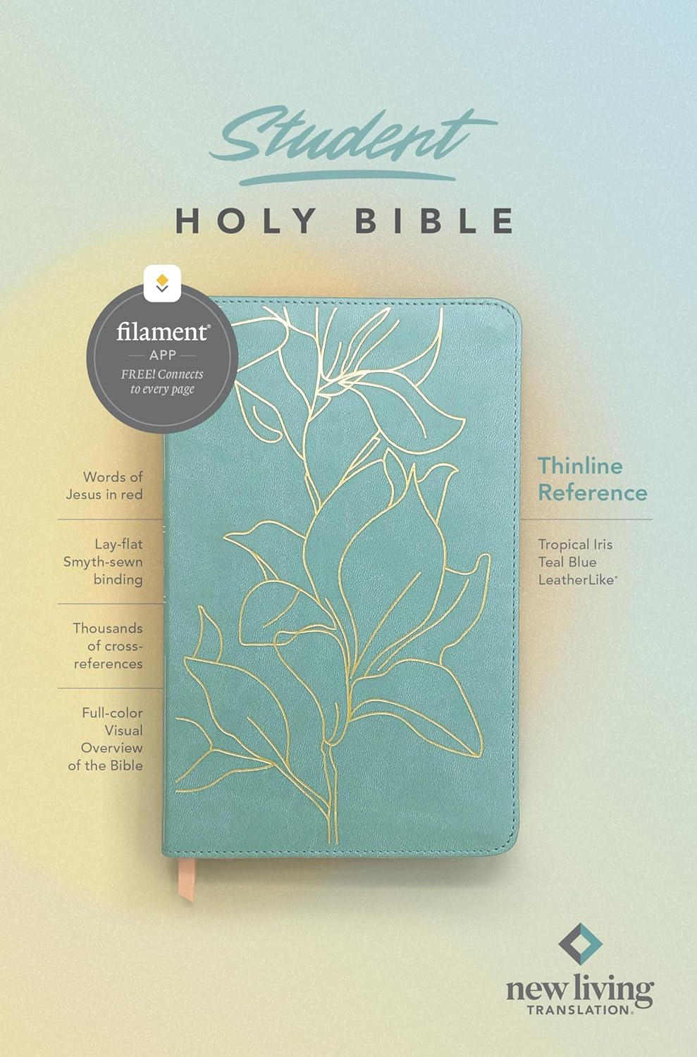 NLT Student Bible, Thinline Reference, Filament Enabled (LeatherLike, Tropical Iris Teal Blue, Red Letter)