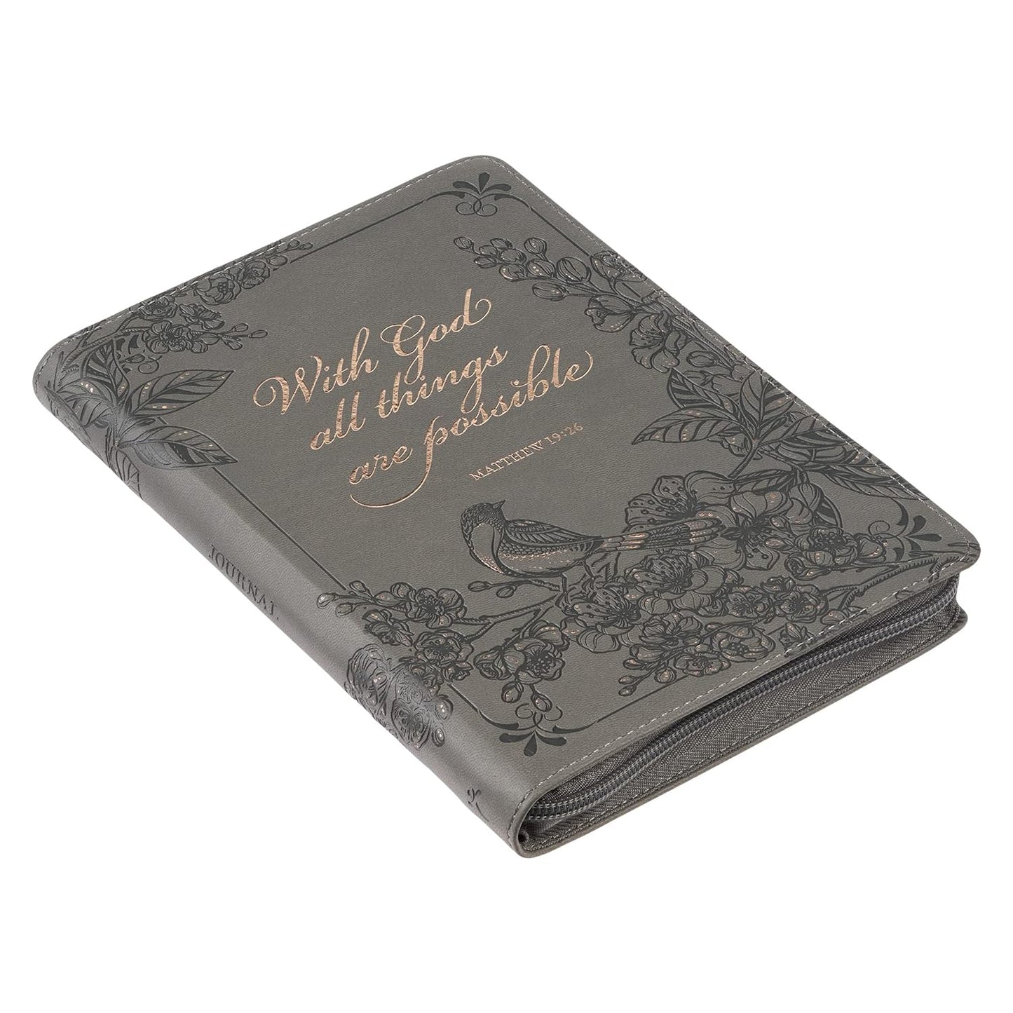Journal With God Matthew 19:26 Gray Inspirational Notebook, Lined Pages w/Scripture, Ribbon Marker, Zipper Closure