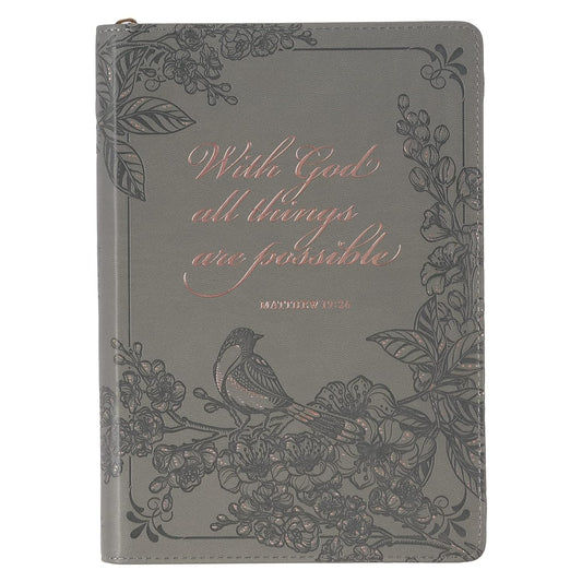 Journal With God Matthew 19:26 Gray Inspirational Notebook, Lined Pages w/Scripture, Ribbon Marker, Zipper Closure