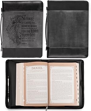 Classic Faux Leather Bible Cover Be Strong and Courageous - Joshua 1:9 with Lion, Gray and Black, Large