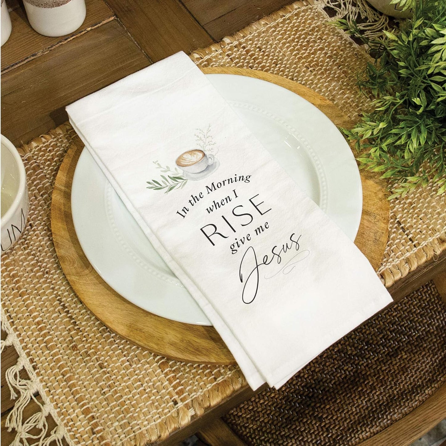 In The Morning When I Rise Classic White 28 x 16 Cotton Fabric Dish Tea Towel