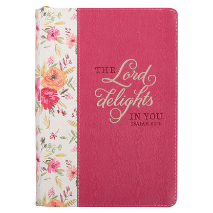 Classic Faux Leather Journal Lord Delights in You Isaiah 62:4 Pink Floral Inspirational Notebook, Lined Pages w/Scripture, Ribbon Marker, Zipper Closure
