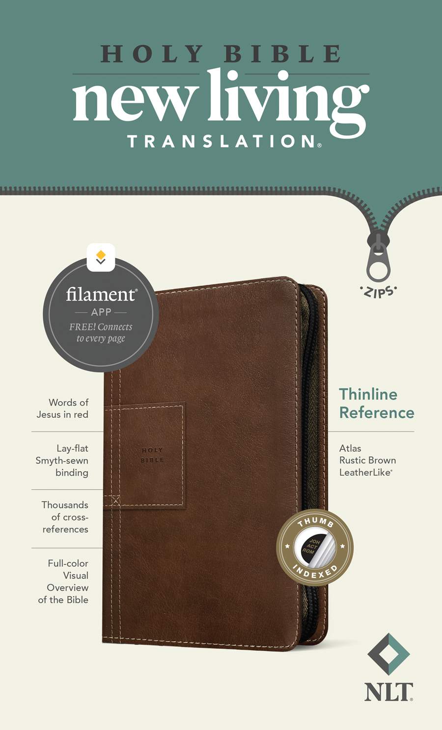 NLT Thinline Reference Zipper Bible, Filament Enabled LeatherLike, Indexed, Atlas Rustic Brown, Red Letter