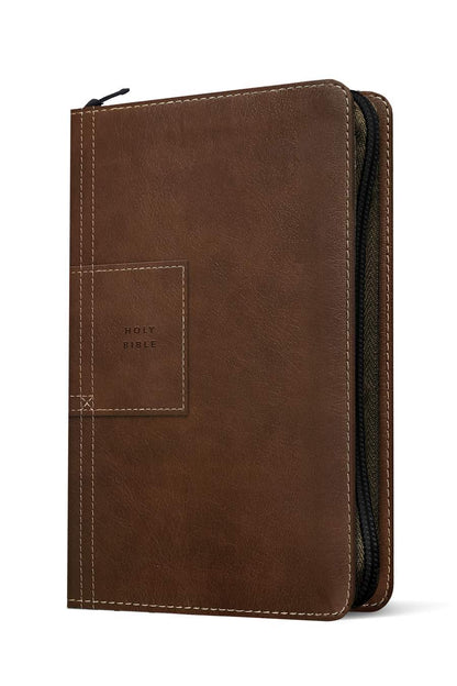 NLT Thinline Reference Zipper Bible, Filament Enabled LeatherLike, Indexed, Atlas Rustic Brown, Red Letter