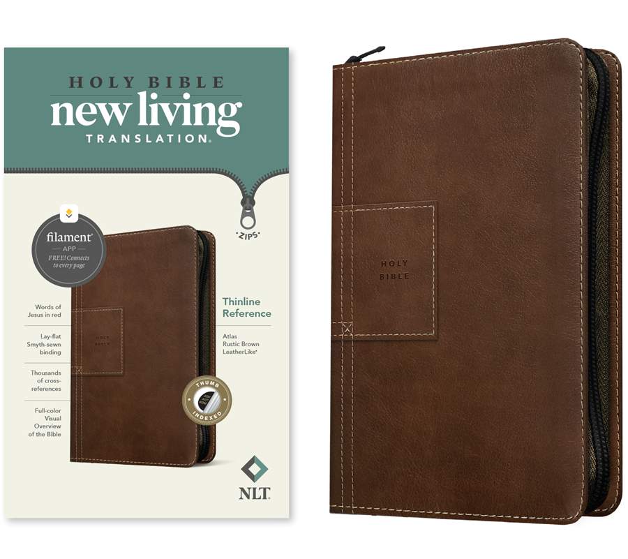 NLT Thinline Reference Zipper Bible, Filament Enabled LeatherLike, Indexed, Atlas Rustic Brown, Red Letter