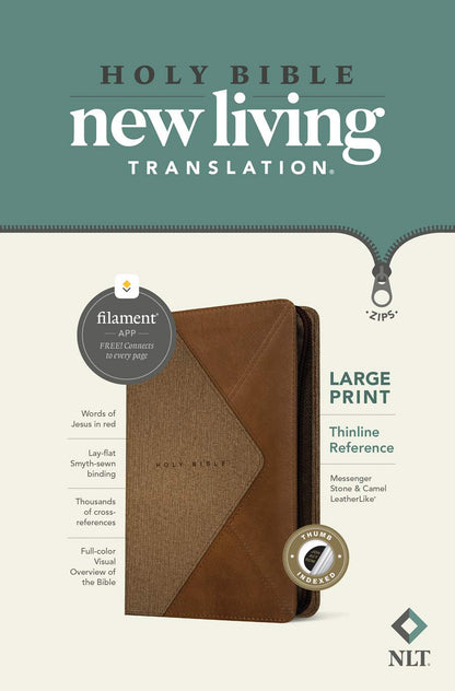NLT Large Print Thinline Reference Zipper Bible, Filament Enabled Edition (LeatherLike, Messenger Stone & Camel )