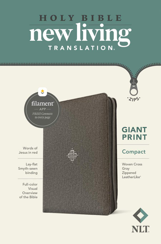 NLT Compact Giant Print Zipper Bible, Filament-Enabled Edition (LeatherLike, Woven Cross Gray, Red Letter)