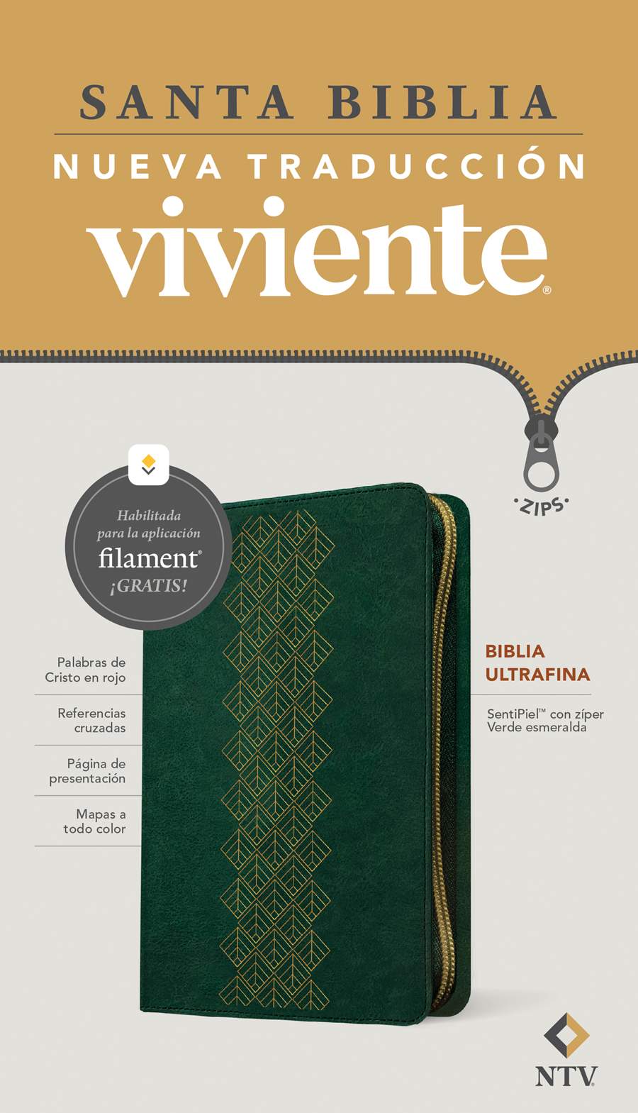 Biblia ultrafina NTV con cierre, Esmeralda con Filament