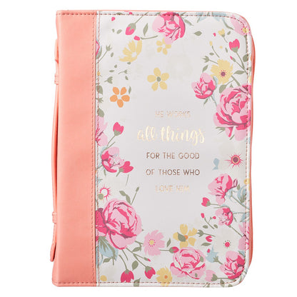 He Works All Things for Good Peach Floral Faux Leather Fashion Bible Cover - Romans 8:28