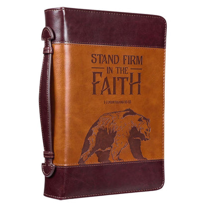 Stand Firm Two-tone Brown Faux Leather Classic Bible Cover - 1 Corinthians 16:13