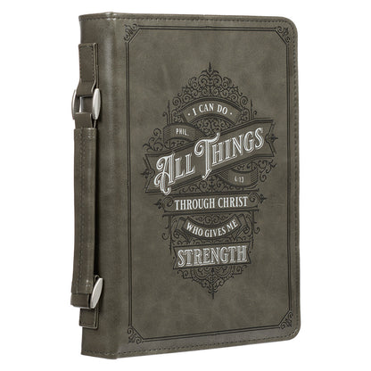 All Things Filigree Gray Faux Leather Classic Bible Cover - Philippians 4:13
