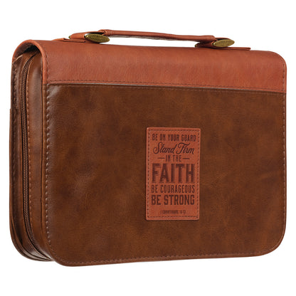 Stand Firm Two-tone Brown Faux Leather Classic Bible Cover - 1 Corinthians 16:13