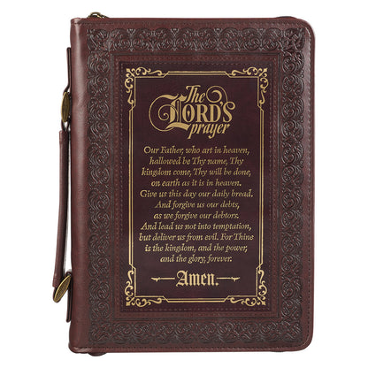 The LORD's Prayer Walnut and Burgundy Faux Leather Classic Bible Cover - Matthew 6: 9-13