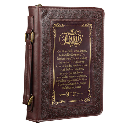 The LORD's Prayer Walnut and Burgundy Faux Leather Classic Bible Cover - Matthew 6: 9-13