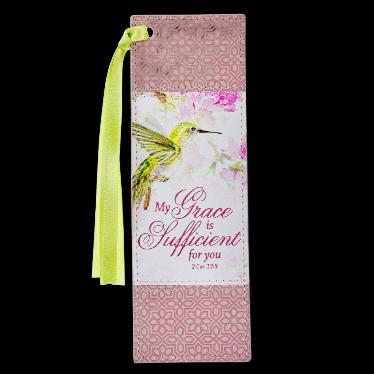 My Grace is Sufficient Hummingbird Pink Faux Leather Bookmark - 2 Corinthians 12:9