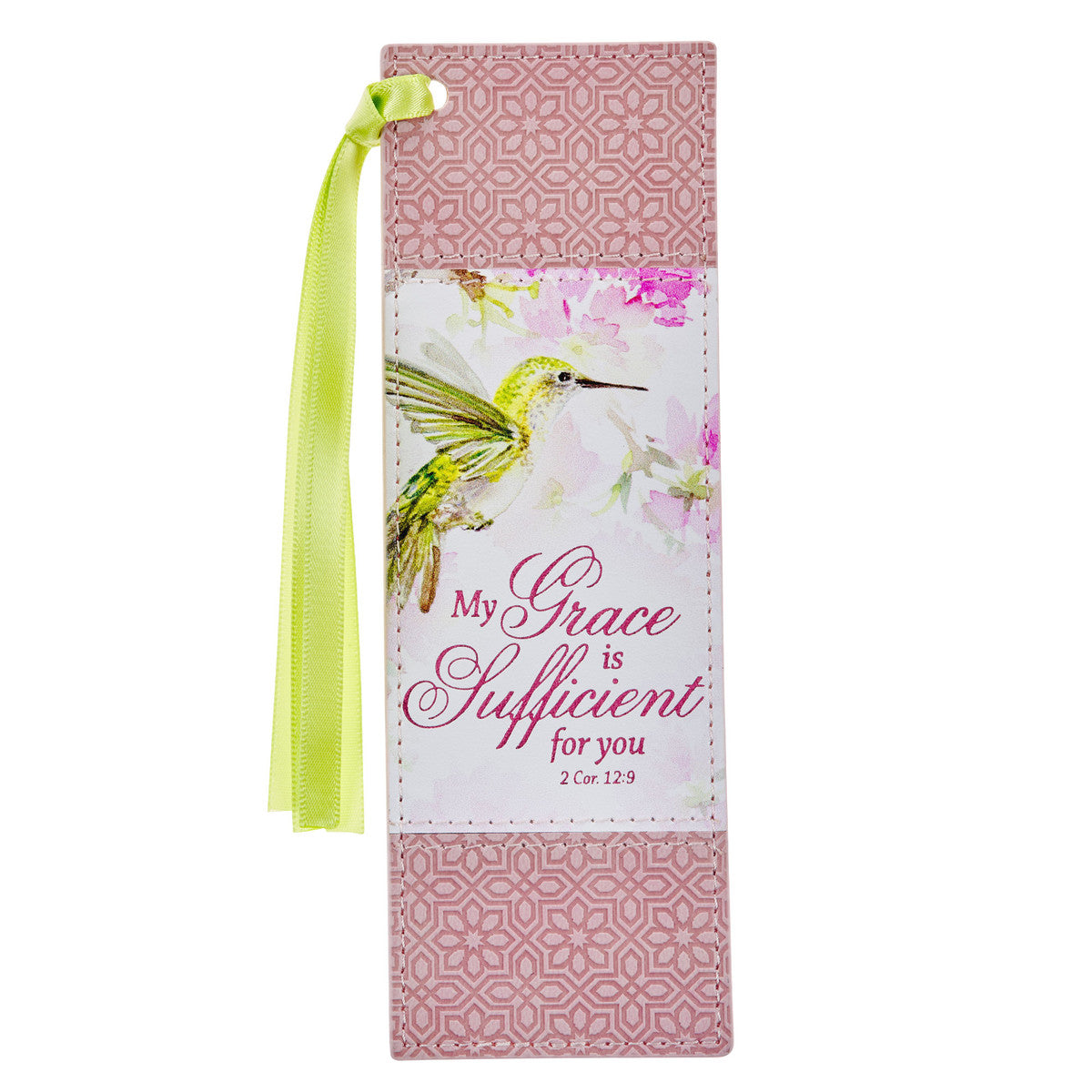 My Grace is Sufficient Hummingbird Pink Faux Leather Bookmark - 2 Corinthians 12:9