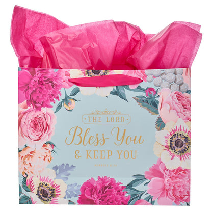 Bless You & Keep You Pink Floral Large Landscape Gift Bag with Card - Numbers 6:24