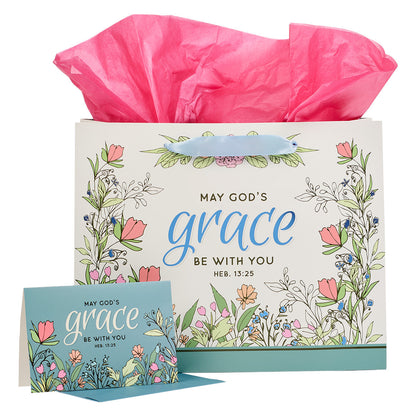 God's Grace Blue Floral Large Landscape Gift Bag and Card Set - Hebrews 13:25