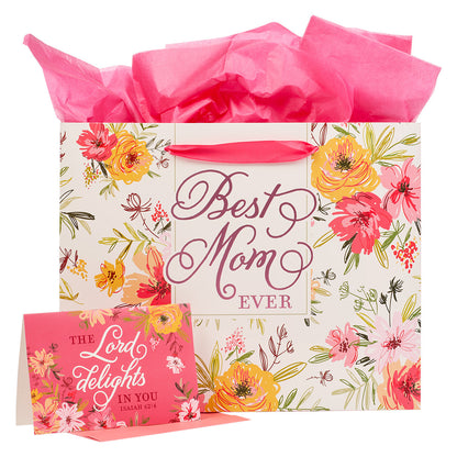 Best Mom Ever Pink Floral Large Gift Bag with Card - Isaiah 62:4