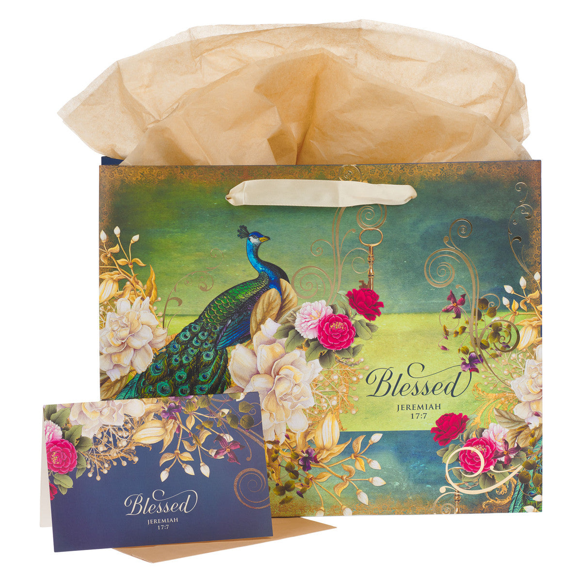 Blessed Blue Peacock Large Landscape Gift Bag with Card Set - Jeremiah 17:7
