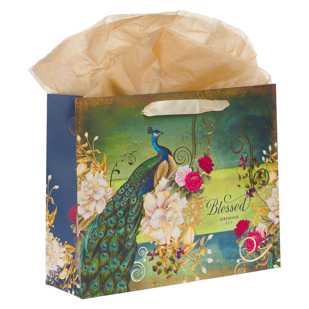 Blessed Blue Peacock Large Landscape Gift Bag with Card Set - Jeremiah 17:7