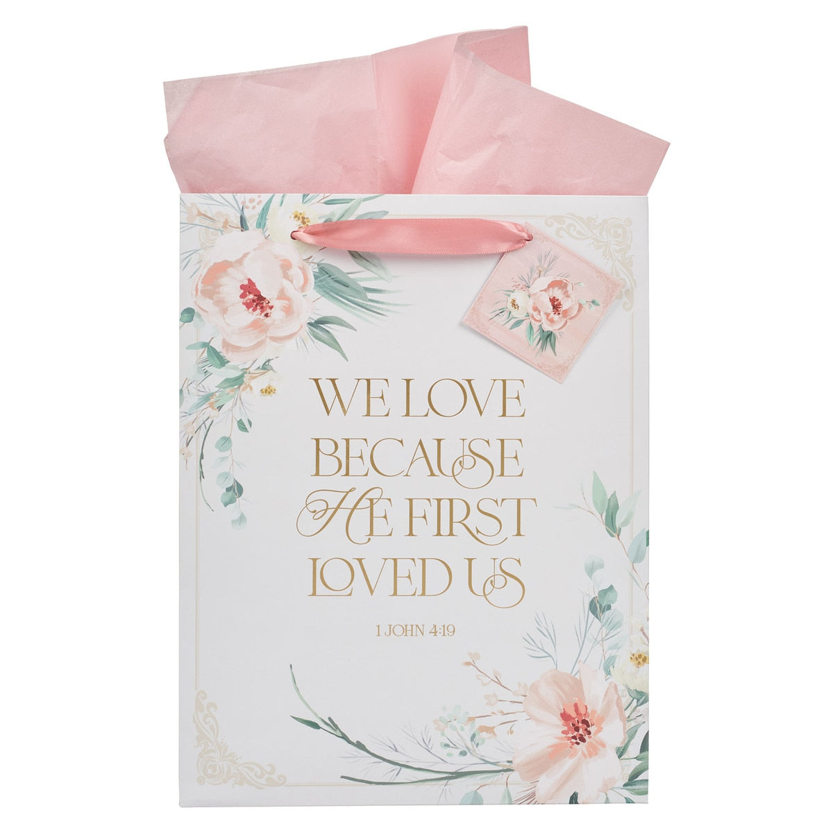 Love Peachy-pink Floral Large Portrait Gift Bag - 1 John 4:19