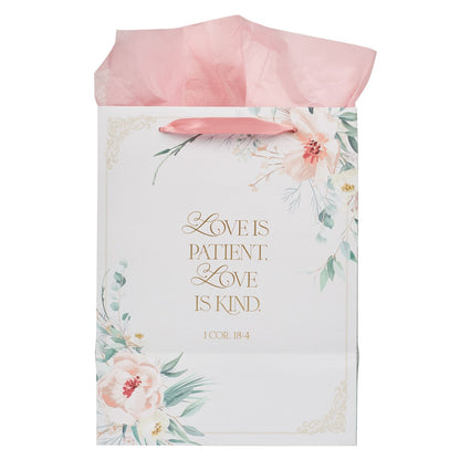 Love Peachy-pink Floral Large Portrait Gift Bag - 1 John 4:19