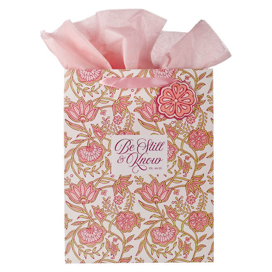 Be Still Pink Spring Floral Large Portrait Gift Bag - Psalm 46:10