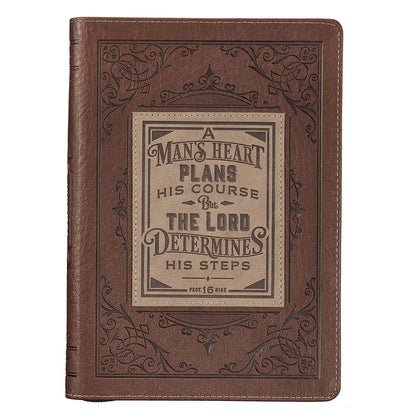 A Man's Heart Classic Faux Leather Zippered Journal in Brown - Proverbs 16:9