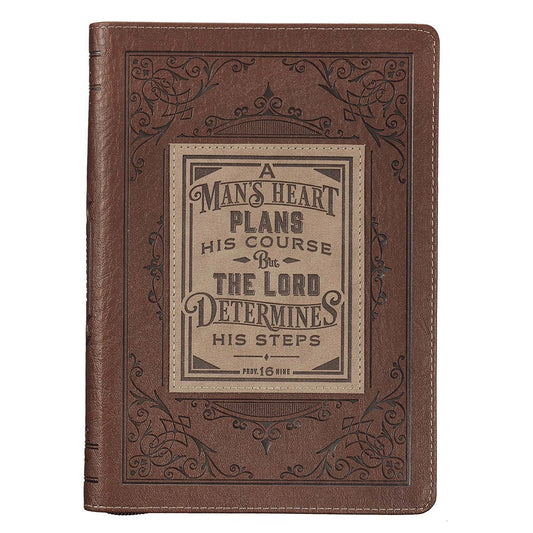 A Man's Heart Classic Faux Leather Zippered Journal in Brown - Proverbs 16:9